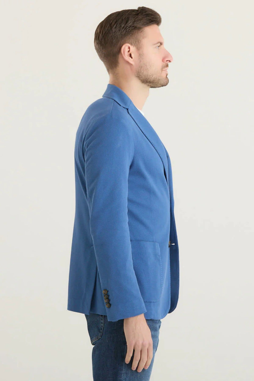 Vue de face veston Circolo pour homme bleu avec texture maille extensible - Valérie Simon