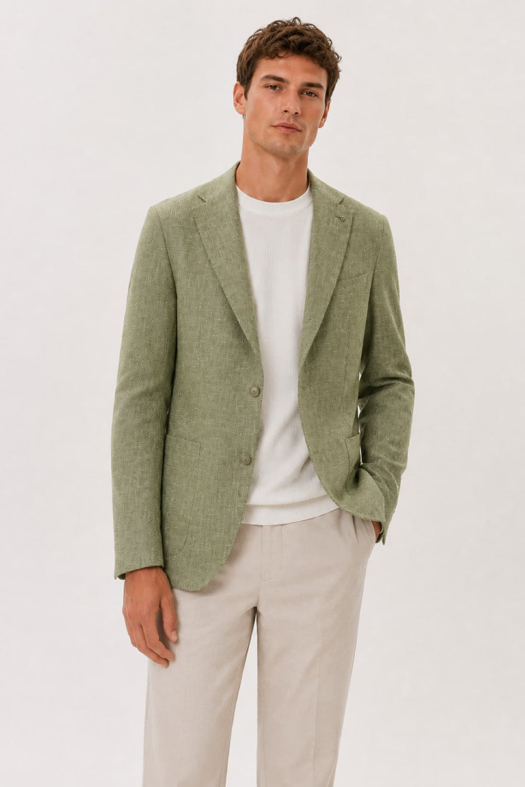 Vue de côté veston texturé en lin et coton Tagliatore pour homme beige Valérie Simon