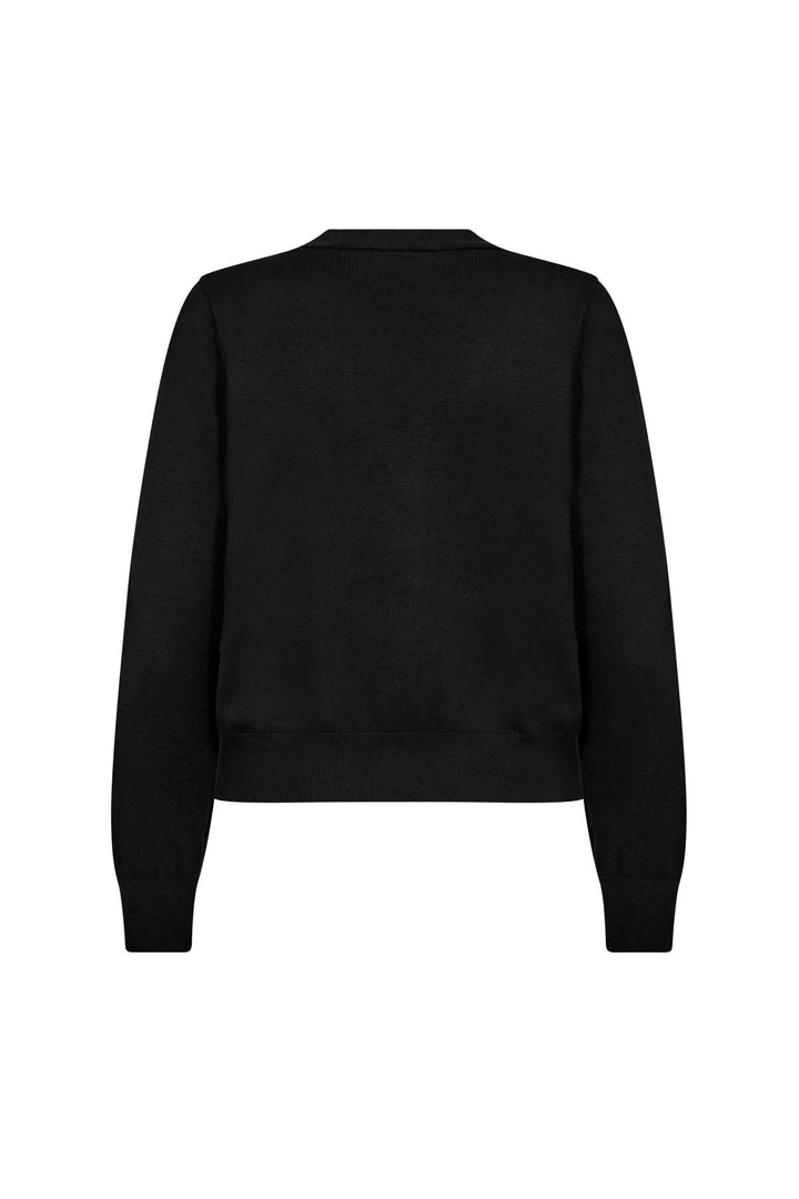 Vue arrière d'un cardigan classique en noir avec encolure ronde et manches longues.