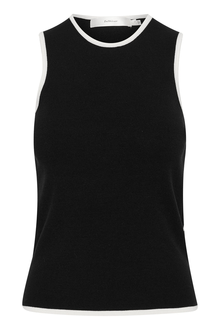 Camisole sans manches noire à encolure ronde avec liseré contrastant, coupe ajustée et douce texture.