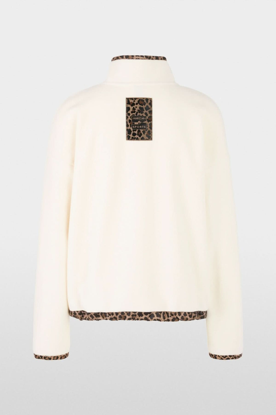 Chandail col montant avec détails contrastés et patte de boutonnage, style décontracté, vue arrière montrant l'imprimé original.