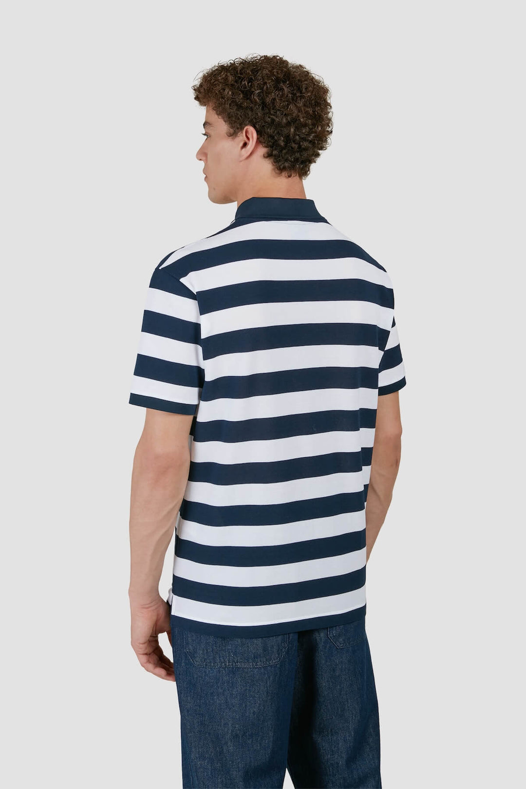 Navy and white striped pique cotton polo shirt