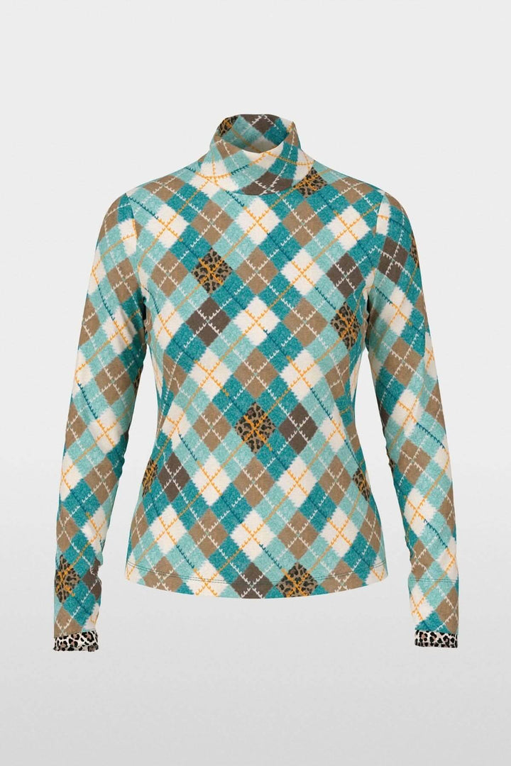 Chandail à manches longues avec motif argyle multicolore, coupe ajustée, col montant moderne, parfait pour un style contemporain.