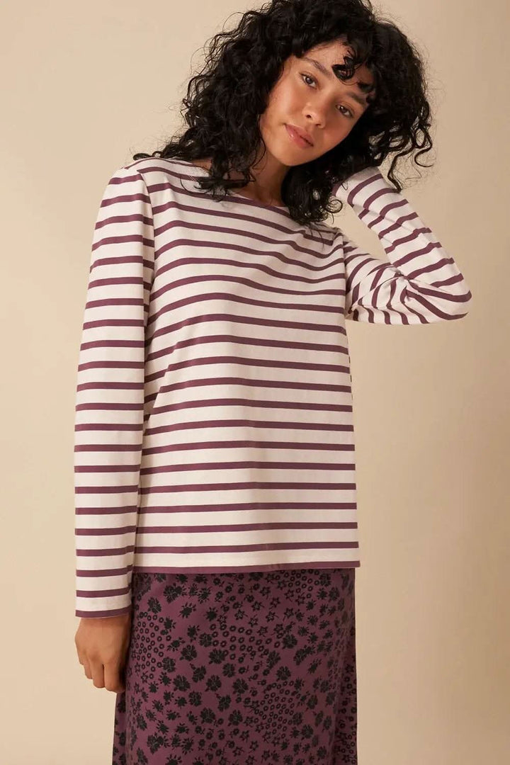 Chandail Filipette marinière en coton Oeko-Tex, manches longues, imprimé rayé écru et violet.