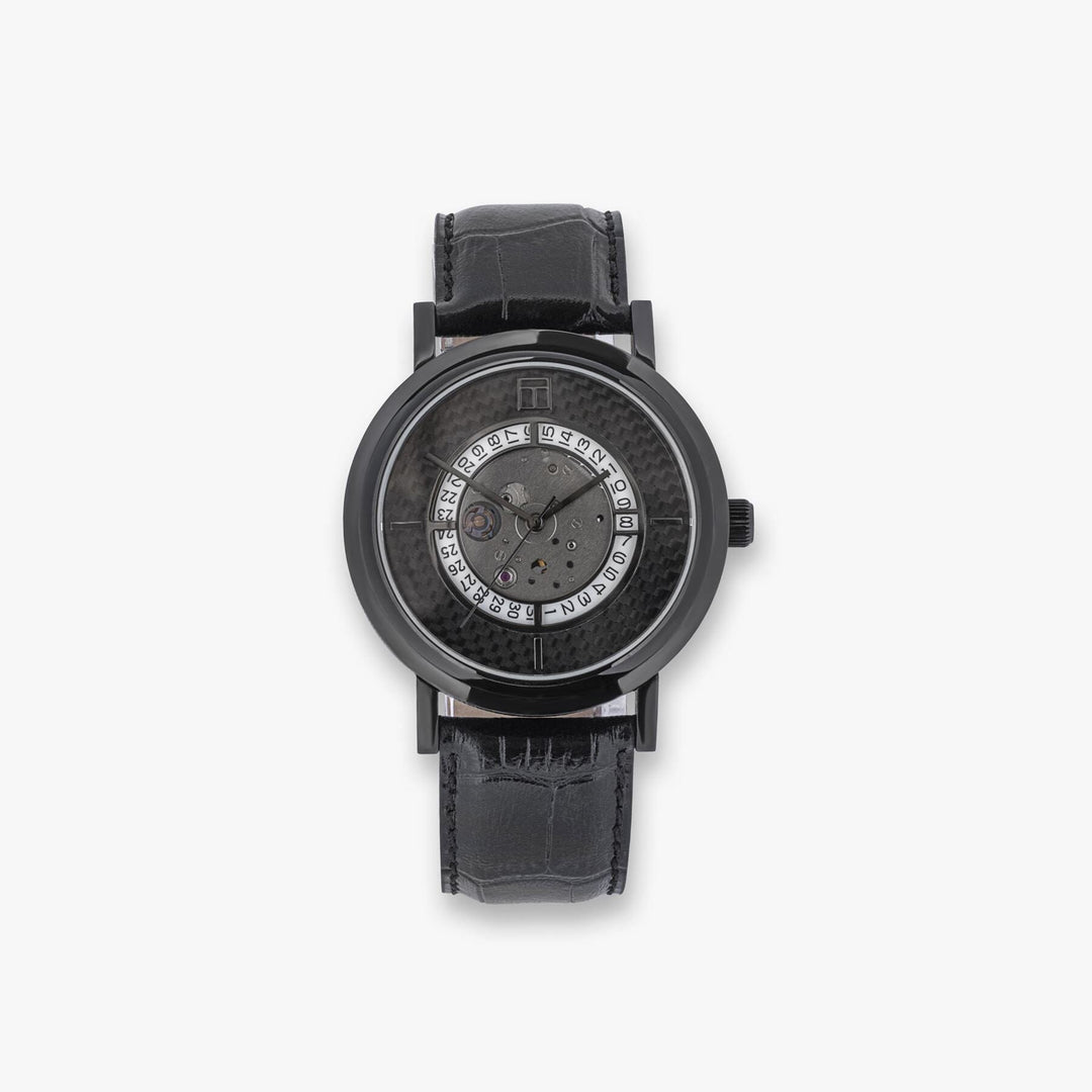 Esposto Automatic Watch With Black Leather, Black Carbon Fibre and Black Ipplated Stainless Steel Tateossian