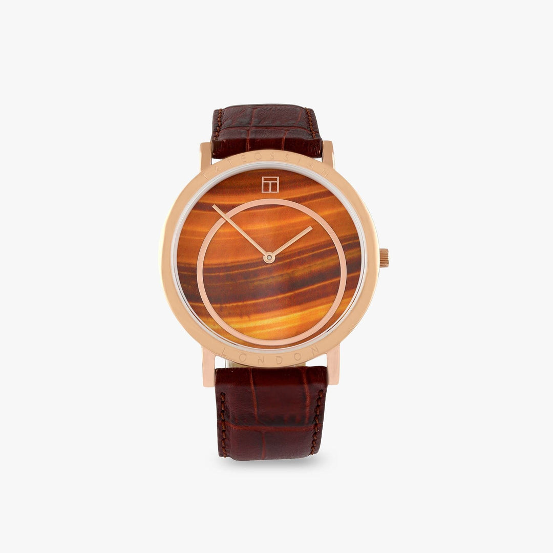 Prezioso Watch With Tiger Eye, Black Italian Leather and Rose Gold Plated Stainless Steel Tateossian