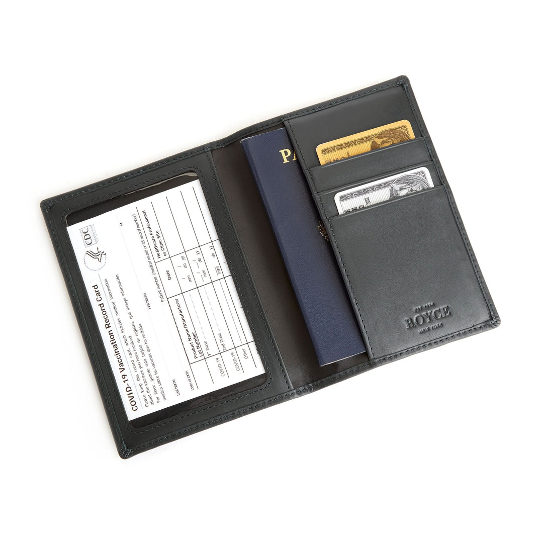RFID blocking vaccine card passport wallet showcasing vaccine card, passport, and ID slots in an elegant design.