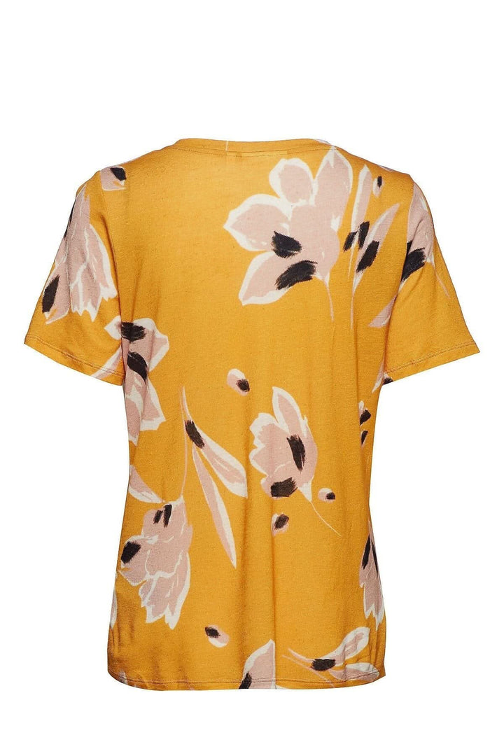 T-shirt Rosita jaune à fleurs, 80% viscose et 20% lin, dos avec imprimé floral sur fond jaune.