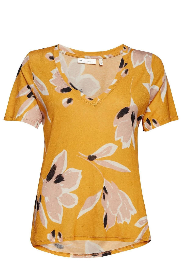 T-shirt Rosita jaune floral, 80% viscose et 20% lin, encolure V, lavage à l&